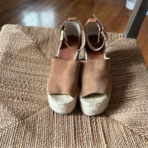 Tan Leather Wedge Platform Ankle Strap Sandals